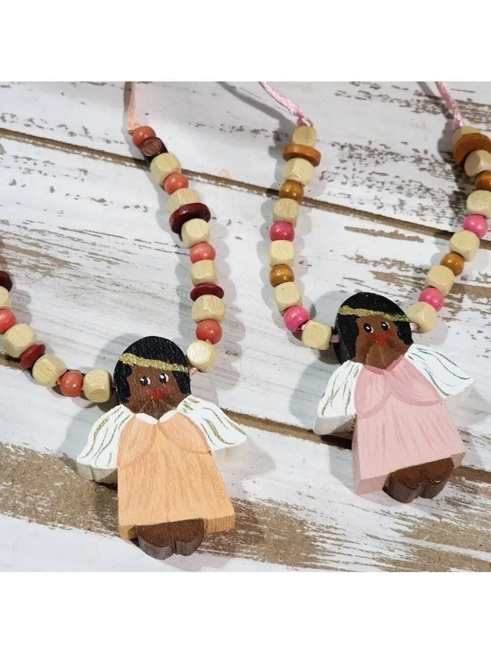 Handmade Handpainted praying Angel Holiday Christmas wood beaded necklace signed